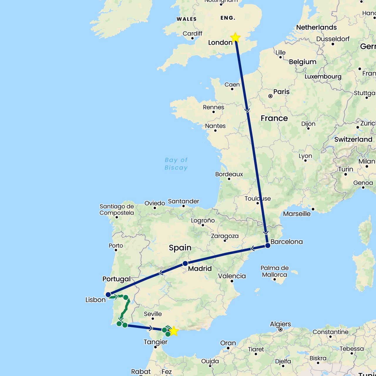 TravelMap itinerary: driving, flight, private car transfer in Spain, United Kingdom, Portugal (Europe)