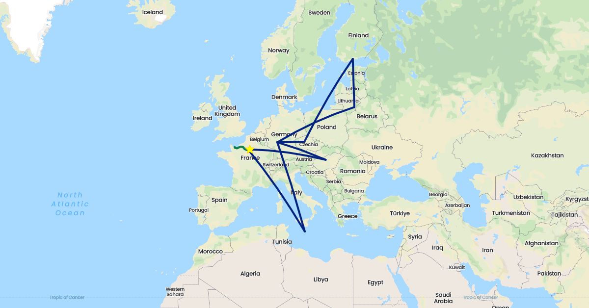 TravelMap itinerary: driving, flight, private car transfer in Czech Republic, Germany, Finland, France, Hungary, Lithuania, Malta (Europe)
