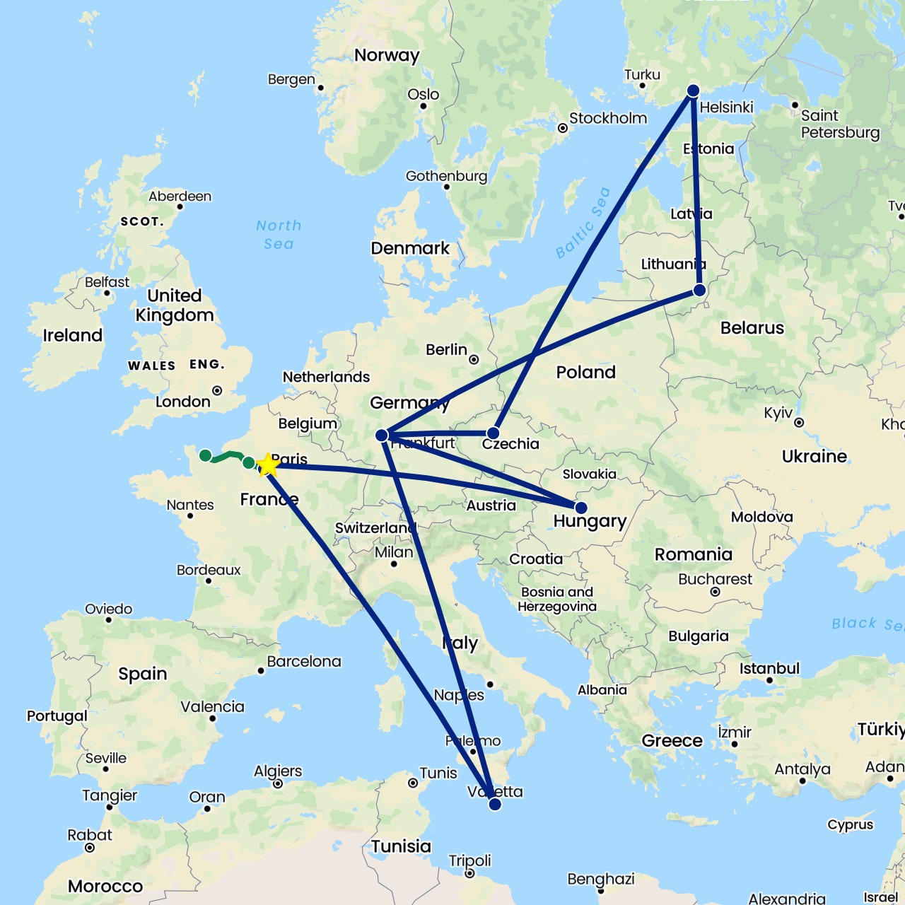 TravelMap itinerary: driving, flight, private car transfer in Czech Republic, Germany, Finland, France, Hungary, Lithuania, Malta (Europe)