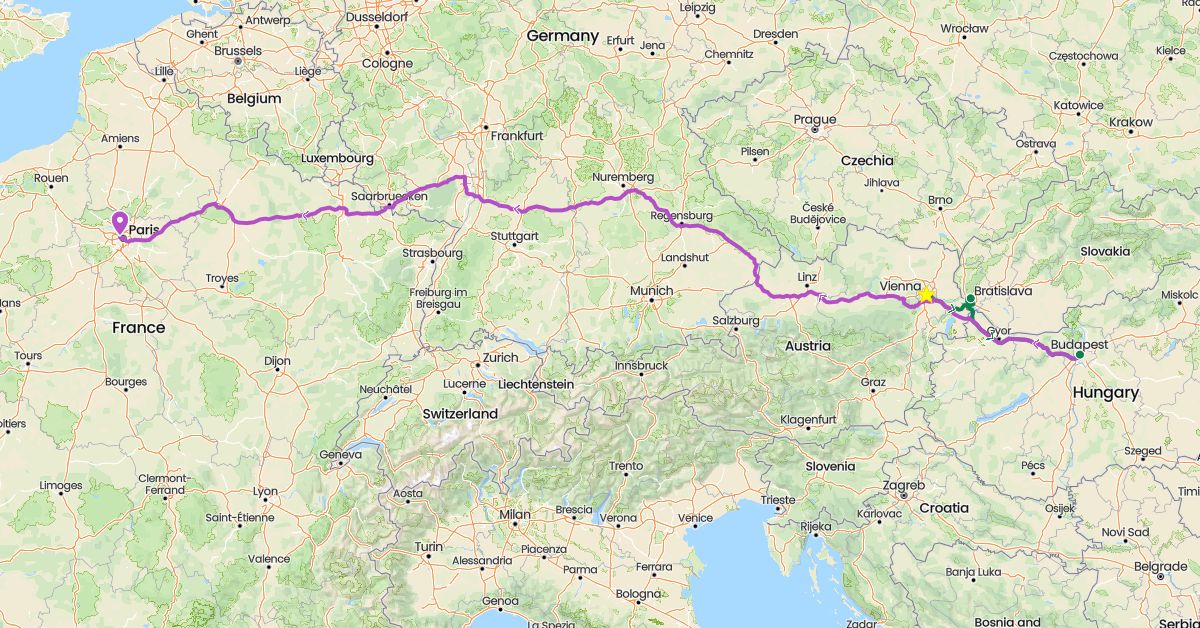 TravelMap itinerary: driving, train, private car transfer in Austria, France, Hungary, Slovakia (Europe)