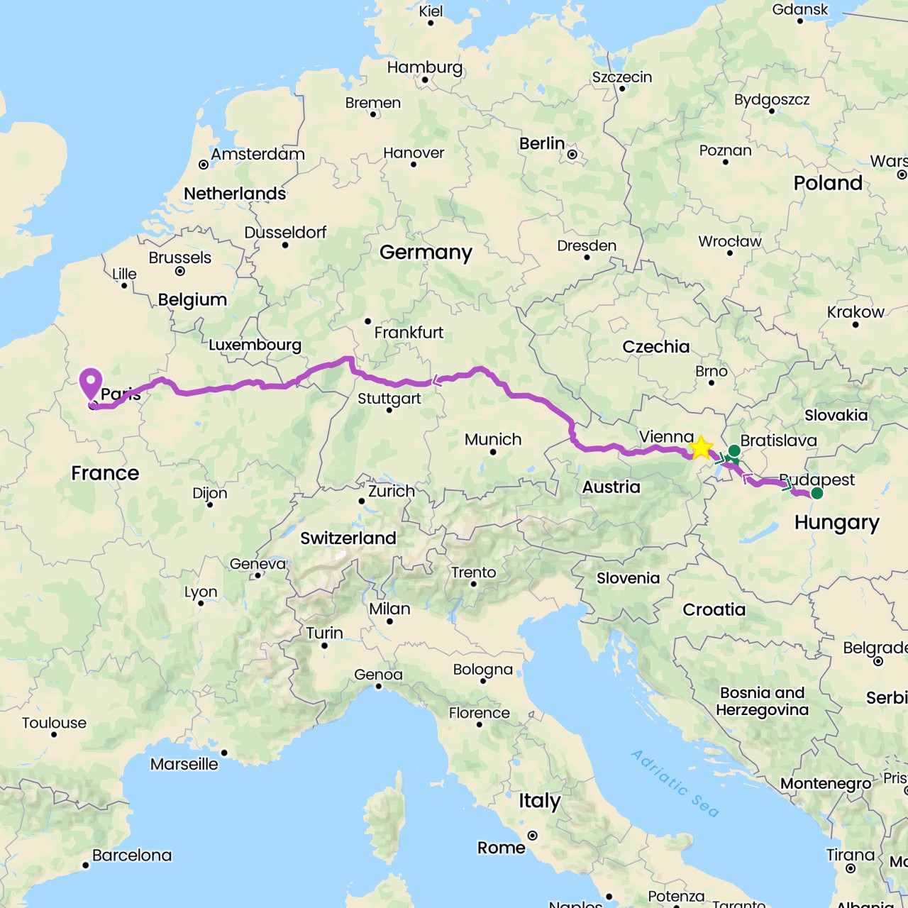 TravelMap itinerary: driving, train, private car transfer in Austria, France, Hungary, Slovakia (Europe)