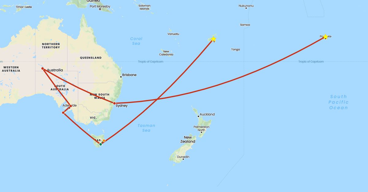 TravelMap itinerary: driving, private flight, private car transfer, helicopter in Australia, Fiji, French Polynesia (Oceania)