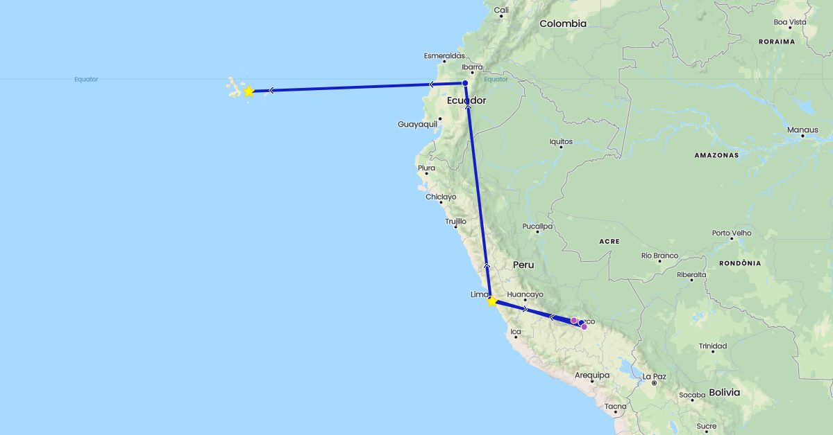 TravelMap itinerary: driving, train, commercial flight in Ecuador, Peru (South America)