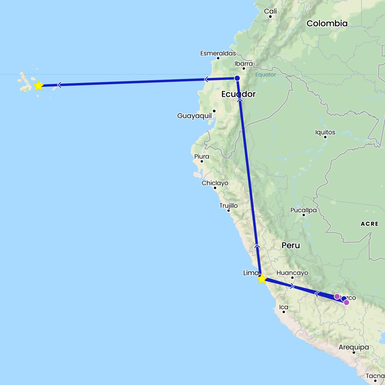 TravelMap itinerary: driving, train, commercial flight in Ecuador, Peru (South America)