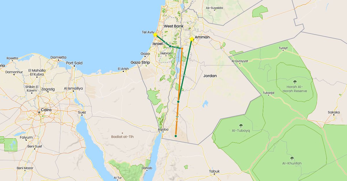 TravelMap itinerary: driving, private car transfer, helicopter in Israel, Jordan (Asia)