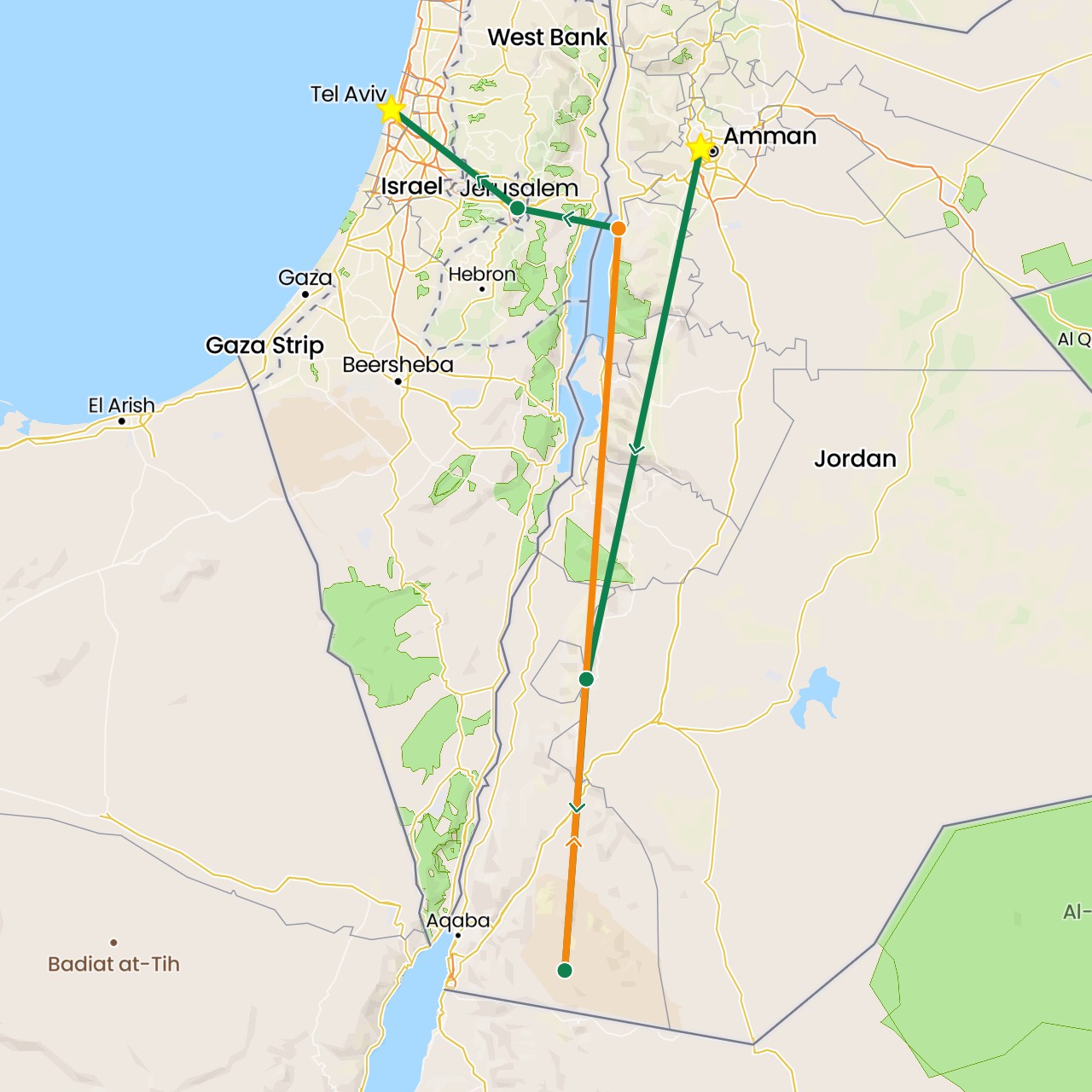TravelMap itinerary: driving, private car transfer, helicopter in Israel, Jordan (Asia)