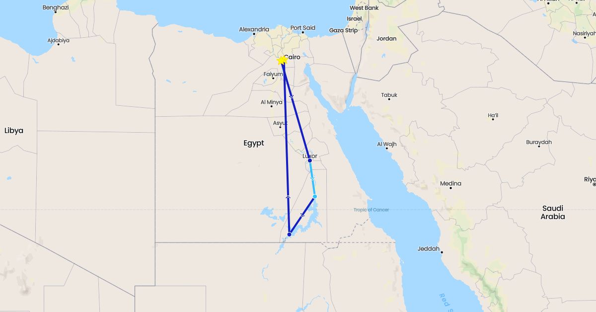 TravelMap itinerary: driving, boat, commercial flight in Egypt (Africa)