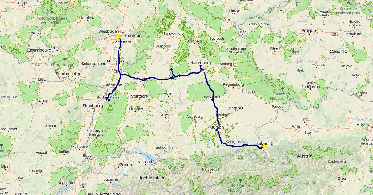 TravelMap itinerary: driving in Austria, Germany (Europe)