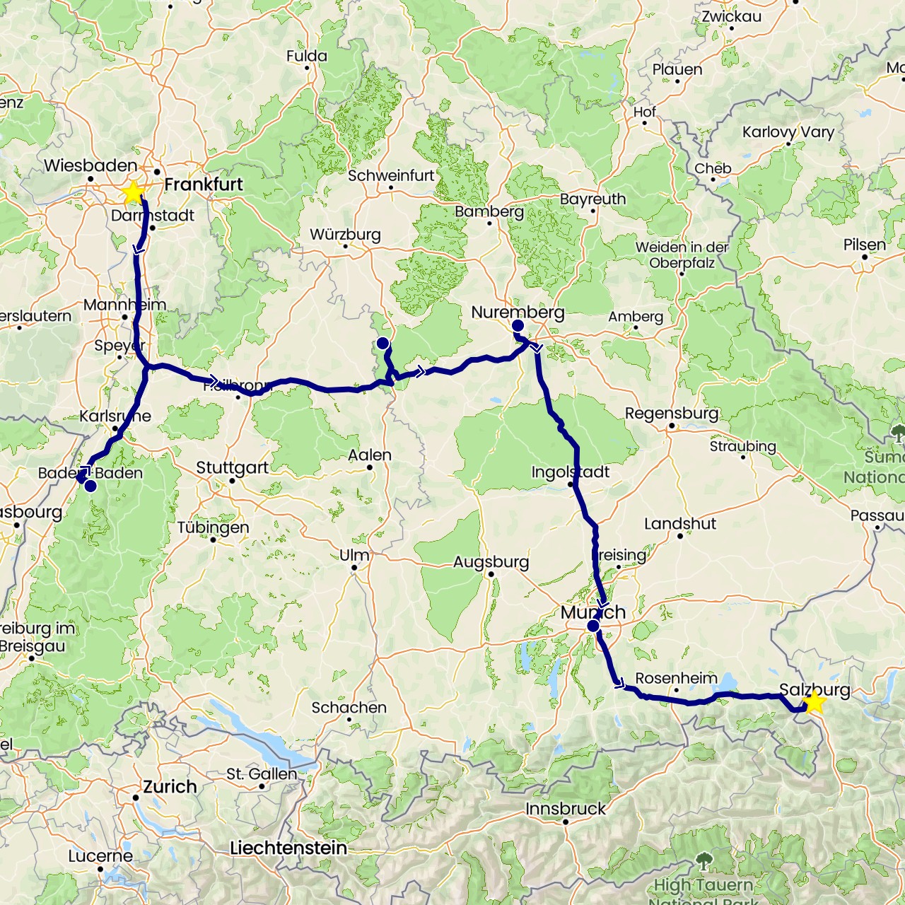 TravelMap itinerary: driving in Austria, Germany (Europe)
