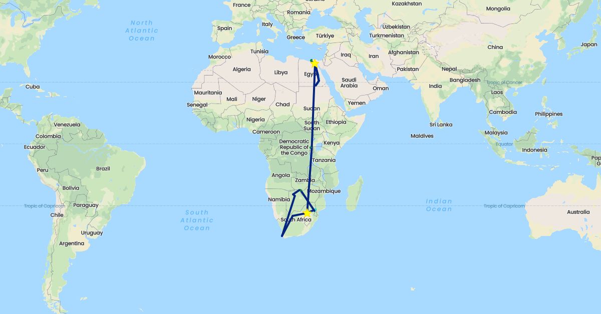 TravelMap itinerary: driving, boat, flight, private car transfer, safari vehicle in Botswana, Egypt, Rwanda, South Africa, Zimbabwe (Africa)