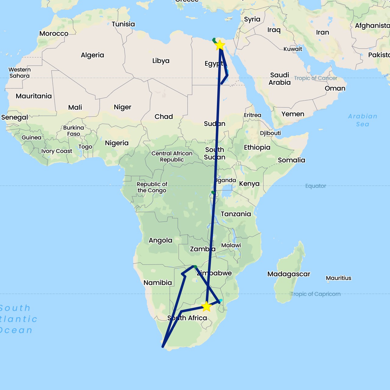 TravelMap itinerary: driving, boat, flight, private car transfer, safari vehicle in Botswana, Egypt, Rwanda, South Africa, Zimbabwe (Africa)