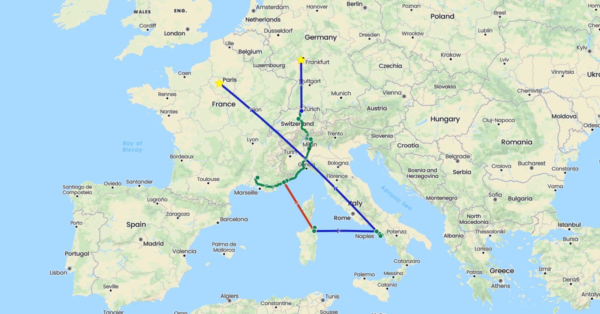 TravelMap itinerary: driving, private flight, commercial flight, private car transfer in Switzerland, Germany, France, Italy, Monaco (Europe)