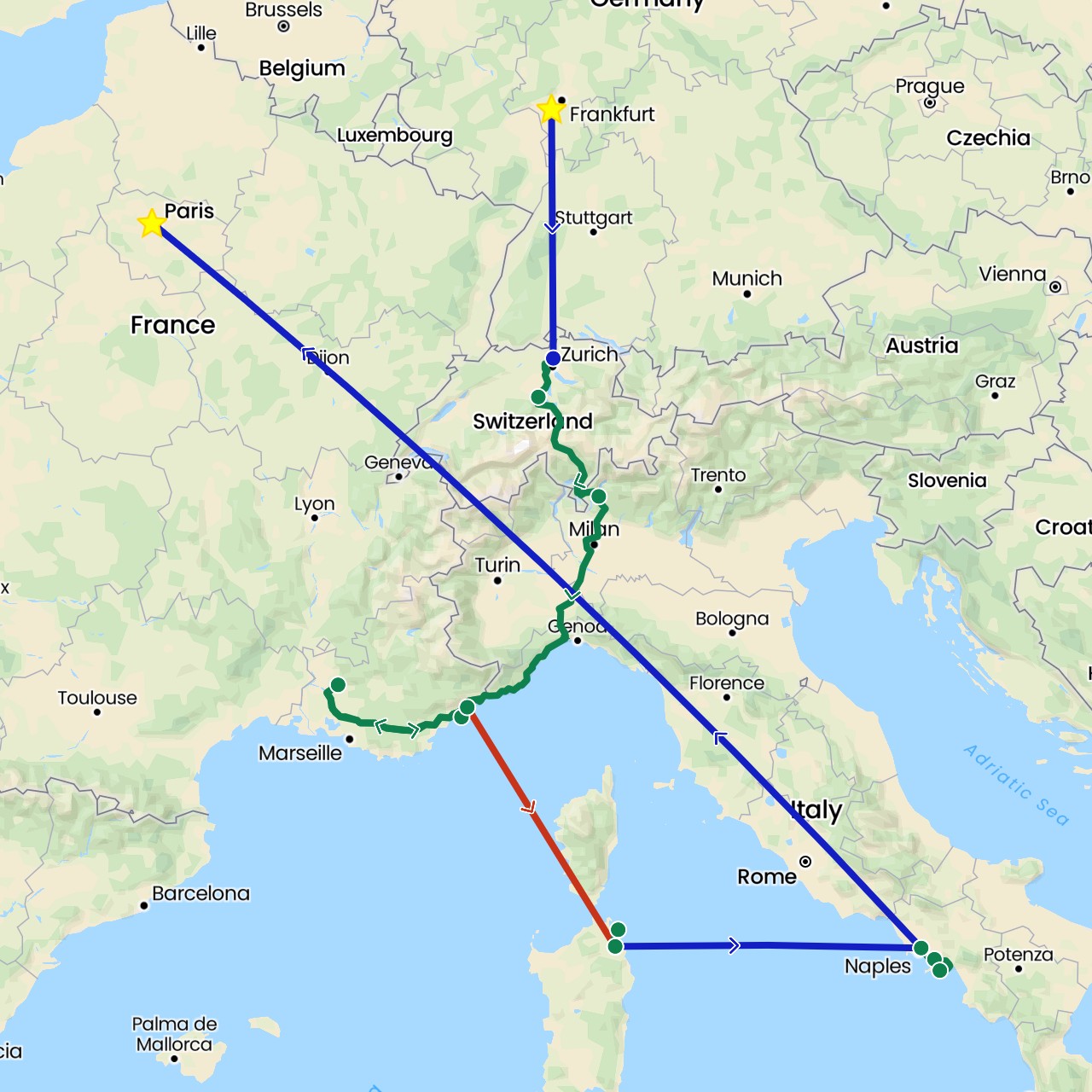 TravelMap itinerary: driving, private flight, commercial flight, private car transfer in Switzerland, Germany, France, Italy (Europe)