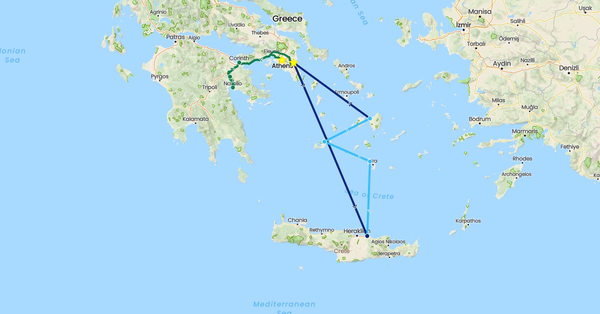 TravelMap itinerary: driving, boat, flight, private car transfer in Greece (Europe)