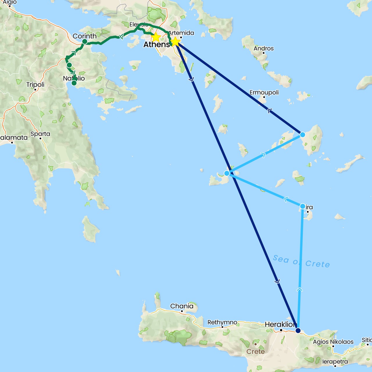 TravelMap itinerary: driving, boat, flight, private car transfer in Greece (Europe)