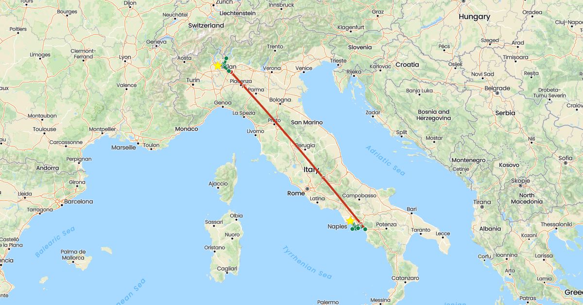 TravelMap itinerary: driving, private flight, private car transfer in Italy (Europe)