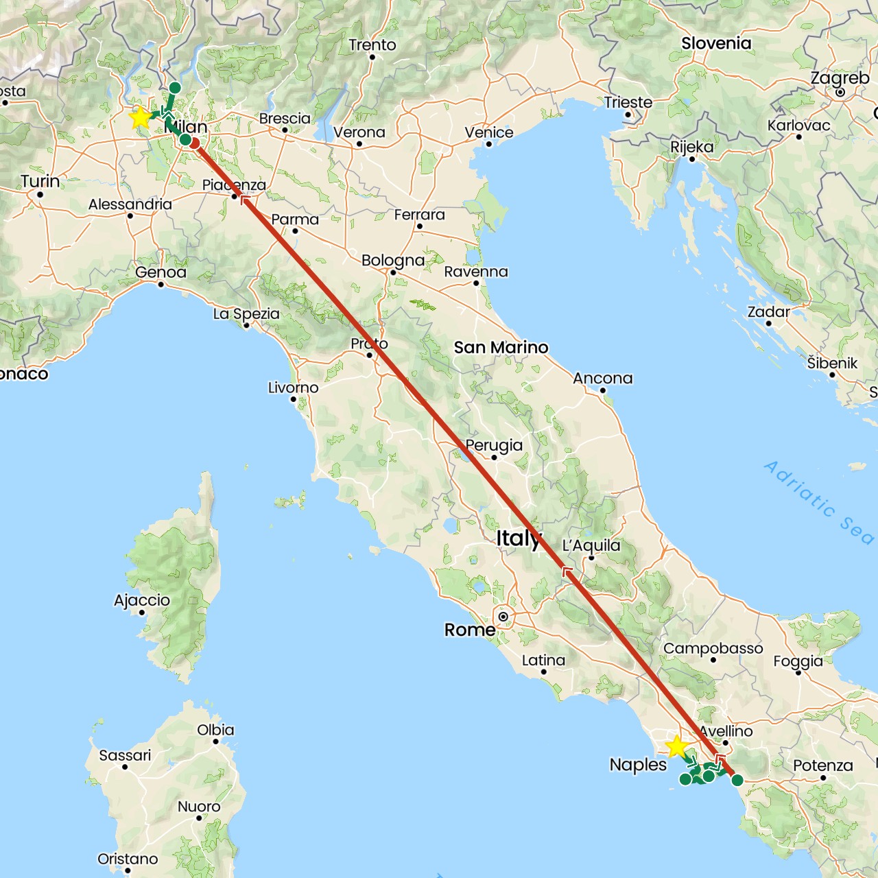 TravelMap itinerary: driving, private flight, private car transfer in Italy (Europe)