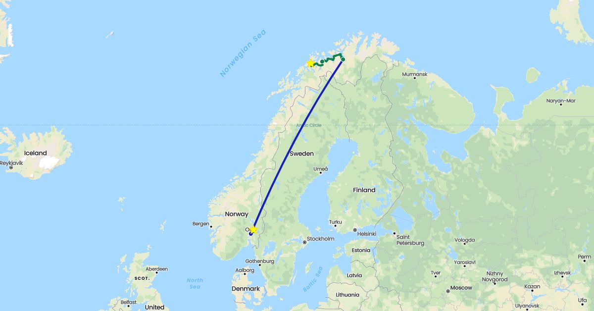 TravelMap itinerary: driving, commercial flight, private car transfer in Norway (Europe)