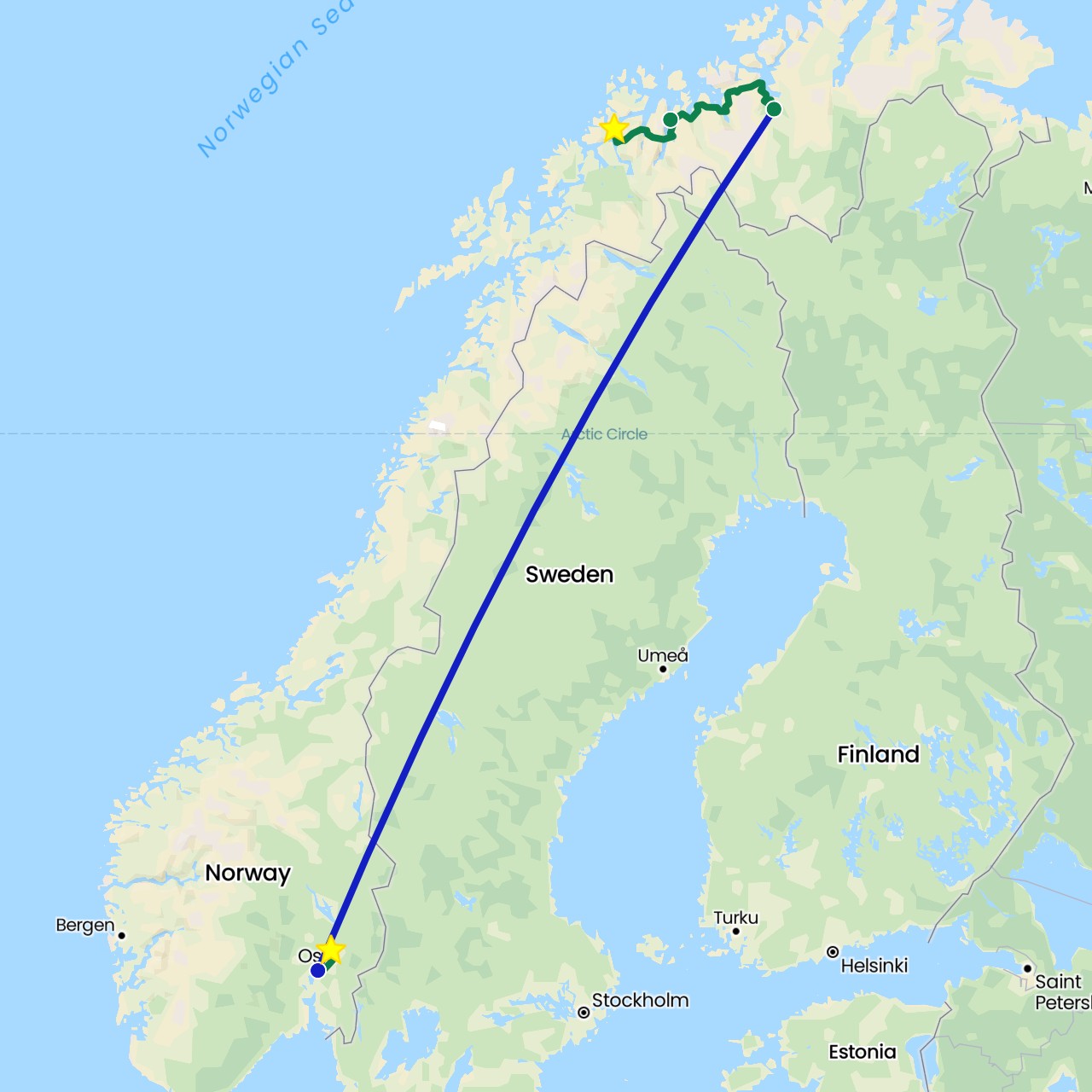 TravelMap itinerary: driving, commercial flight, private car transfer in Norway (Europe)