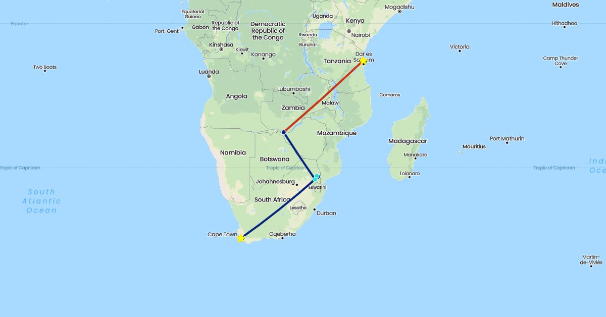 TravelMap itinerary: driving, flight, private flight, private car transfer, safari vehicle in Tanzania, South Africa, Zimbabwe (Africa)