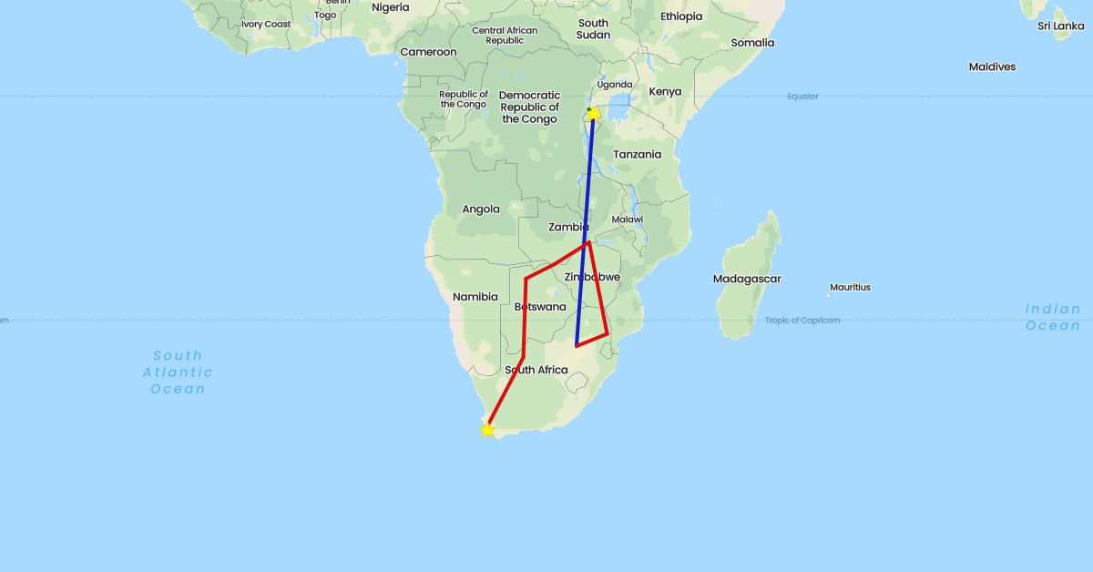 TravelMap itinerary: driving, commercial flight, private car transfer, safari charter flight in Botswana, Rwanda, South Africa, Zambia, Zimbabwe (Africa)