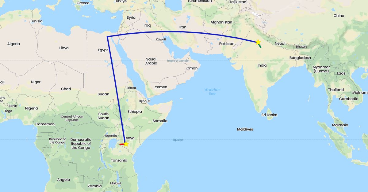 TravelMap itinerary: driving, commercial flight, private car transfer, safari charter flight in Egypt, India, Kenya (Africa, Asia)