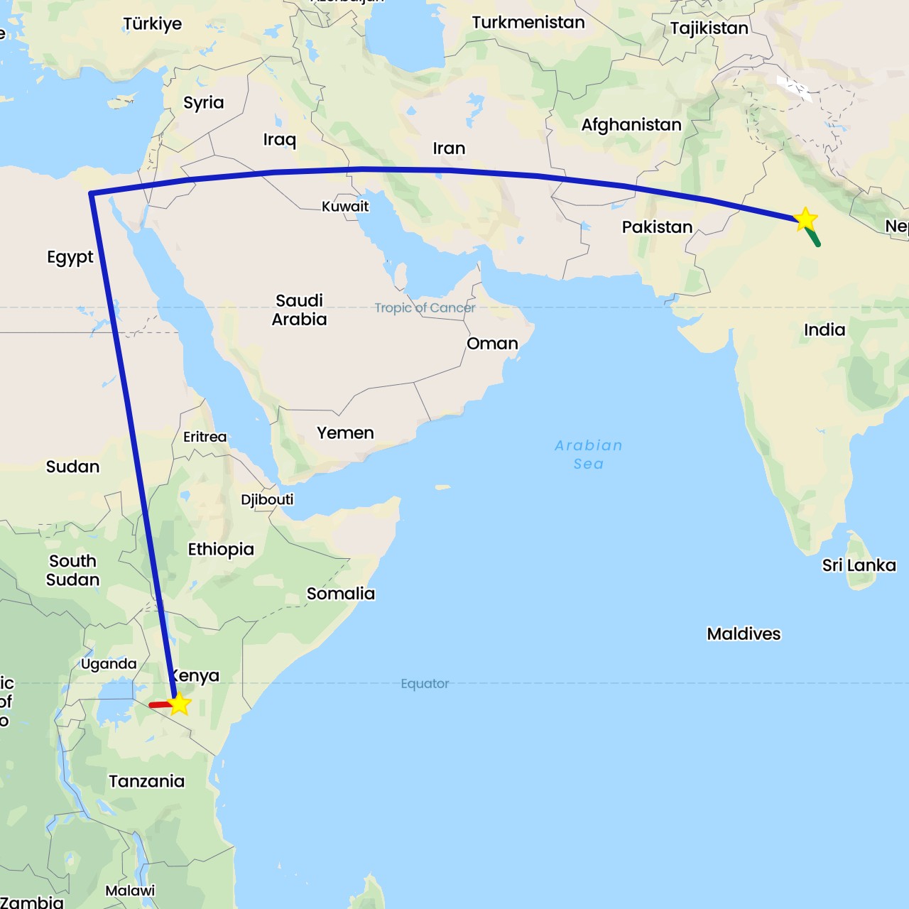 TravelMap itinerary: driving, commercial flight, private car transfer, safari charter flight in Egypt, India, Kenya (Africa, Asia)