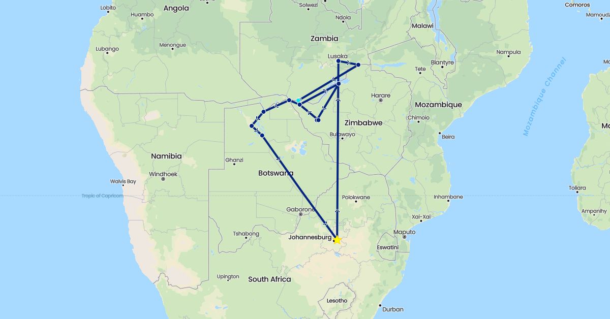 TravelMap itinerary: driving, flight, safari vehicle in Botswana, South Africa, Zambia, Zimbabwe (Africa)
