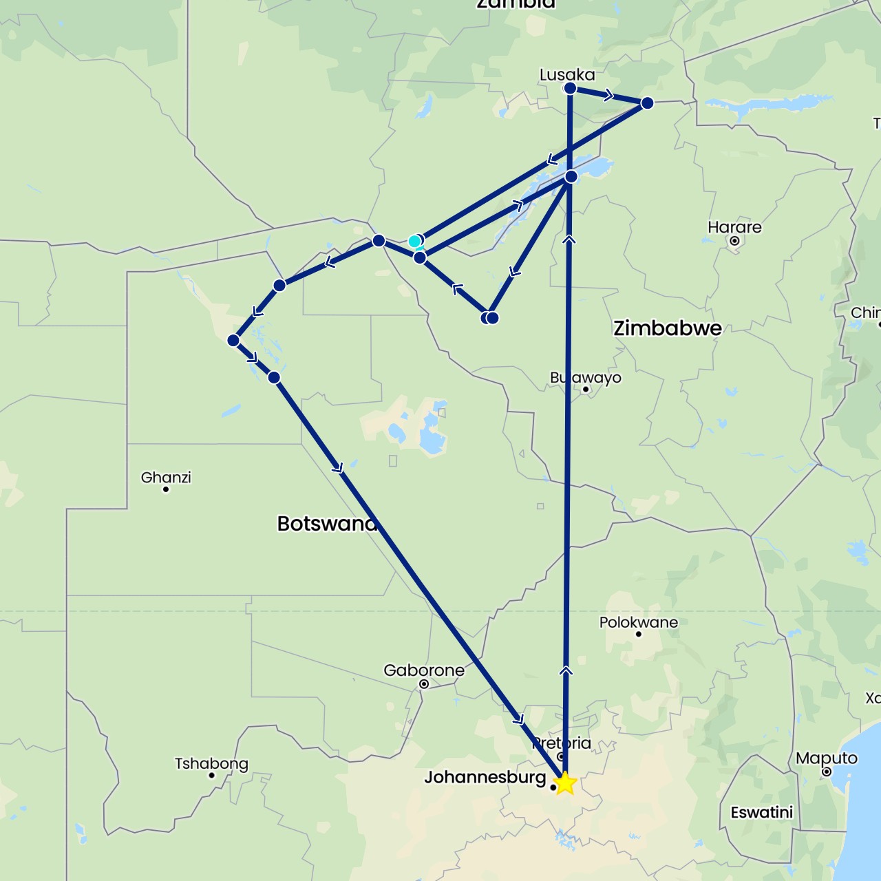 TravelMap itinerary: driving, flight, safari vehicle in Botswana, South Africa, Zambia, Zimbabwe (Africa)