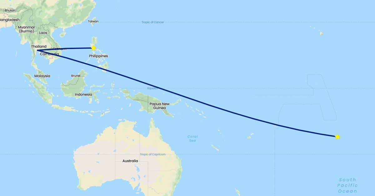 TravelMap itinerary: driving, flight in French Polynesia, Philippines, Thailand (Asia, Oceania)