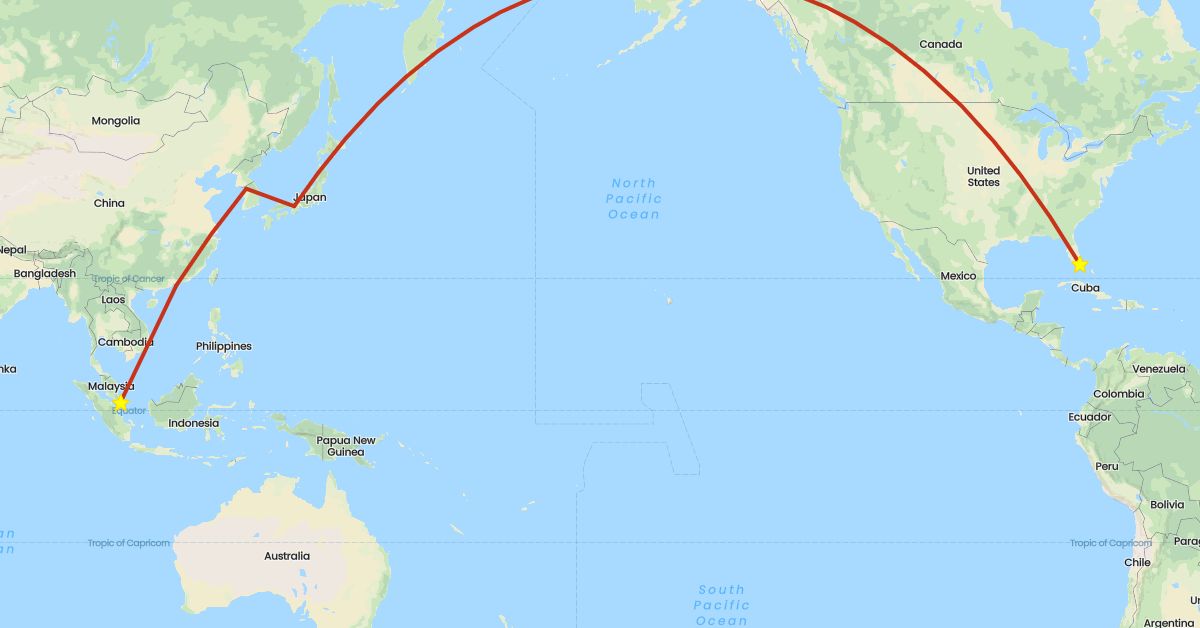TravelMap itinerary: driving, private flight, private car transfer in China, Japan, South Korea, Singapore, United States (Asia, North America)