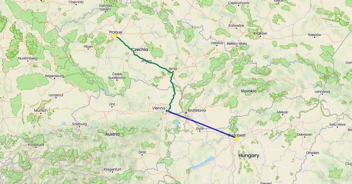 TravelMap itinerary: driving, commercial flight, private car transfer in Austria, Czech Republic, Hungary (Europe)