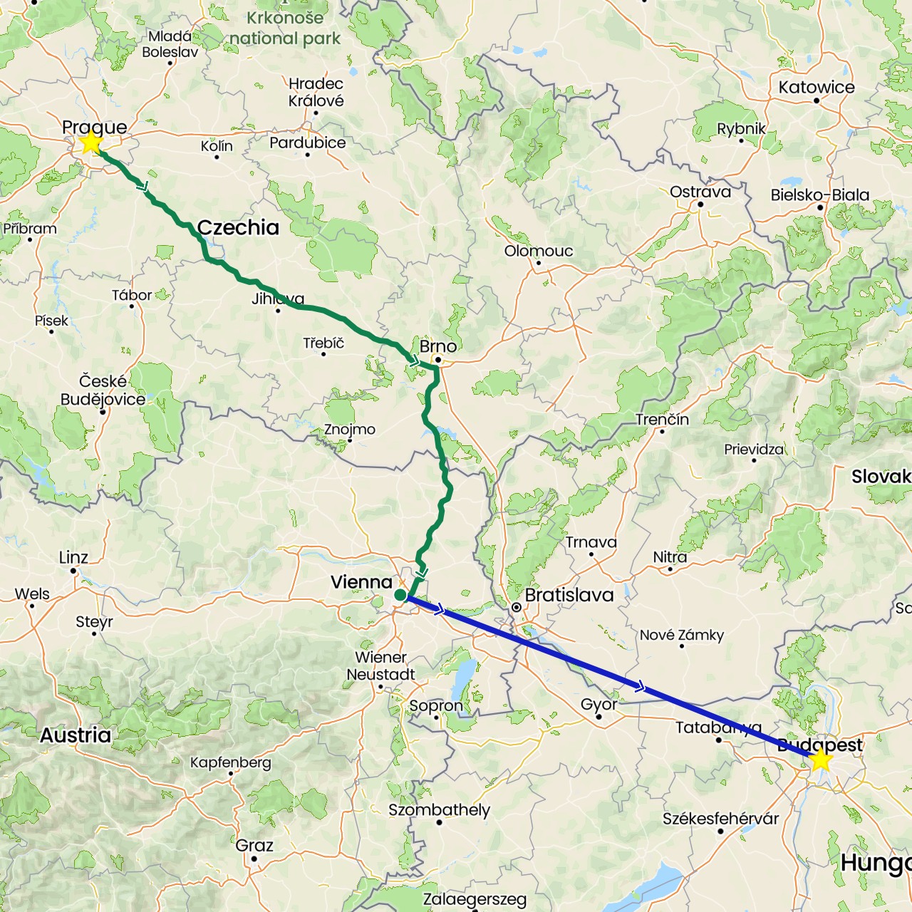 TravelMap itinerary: driving, commercial flight, private car transfer in Austria, Czech Republic, Hungary (Europe)
