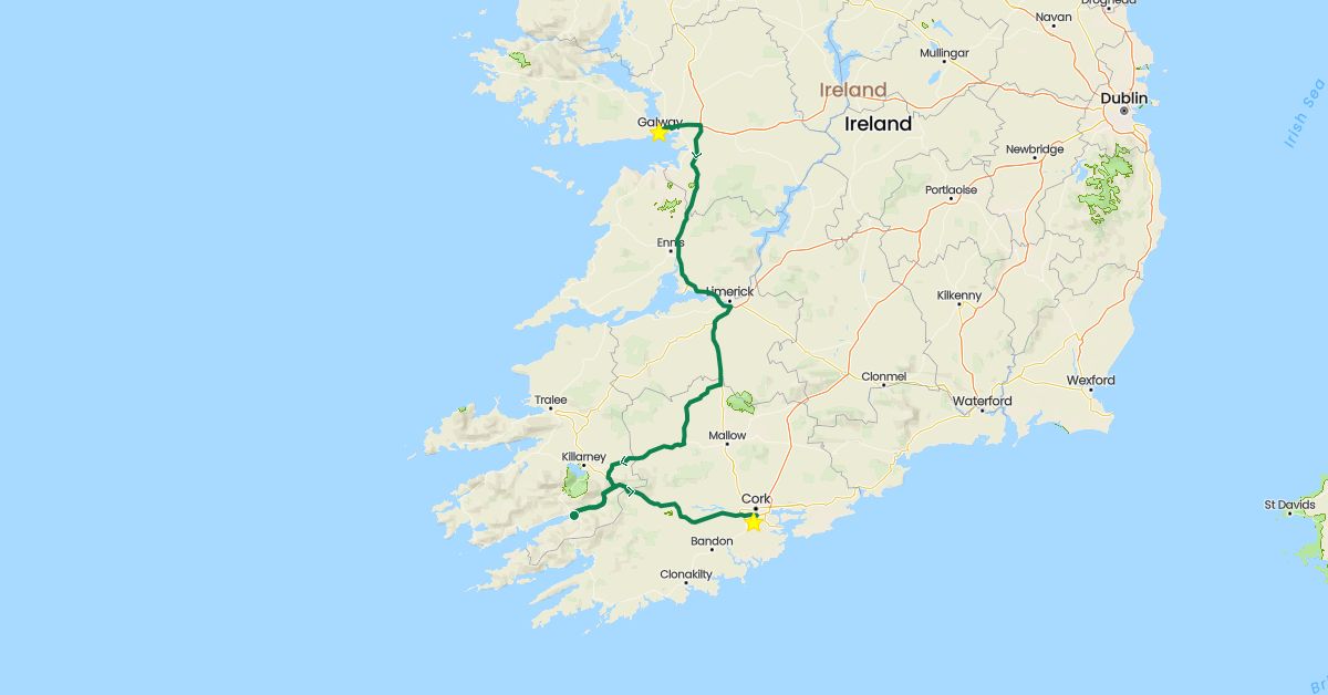 TravelMap itinerary: driving, private car transfer in Ireland (Europe)