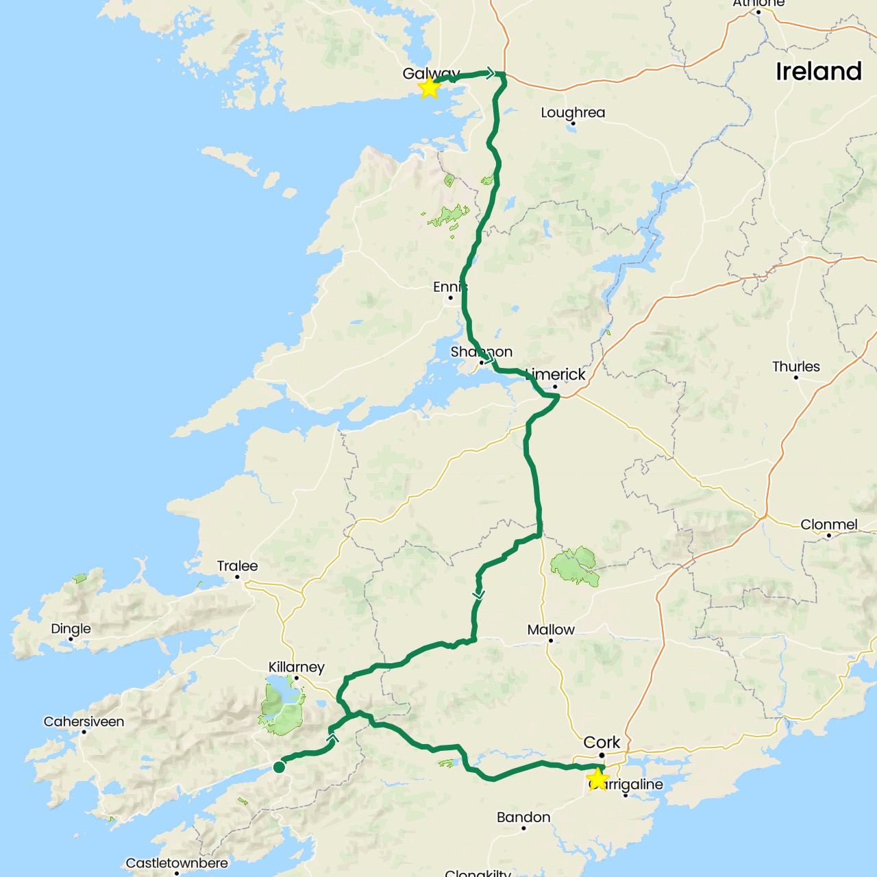 TravelMap itinerary: driving, private car transfer in Ireland (Europe)