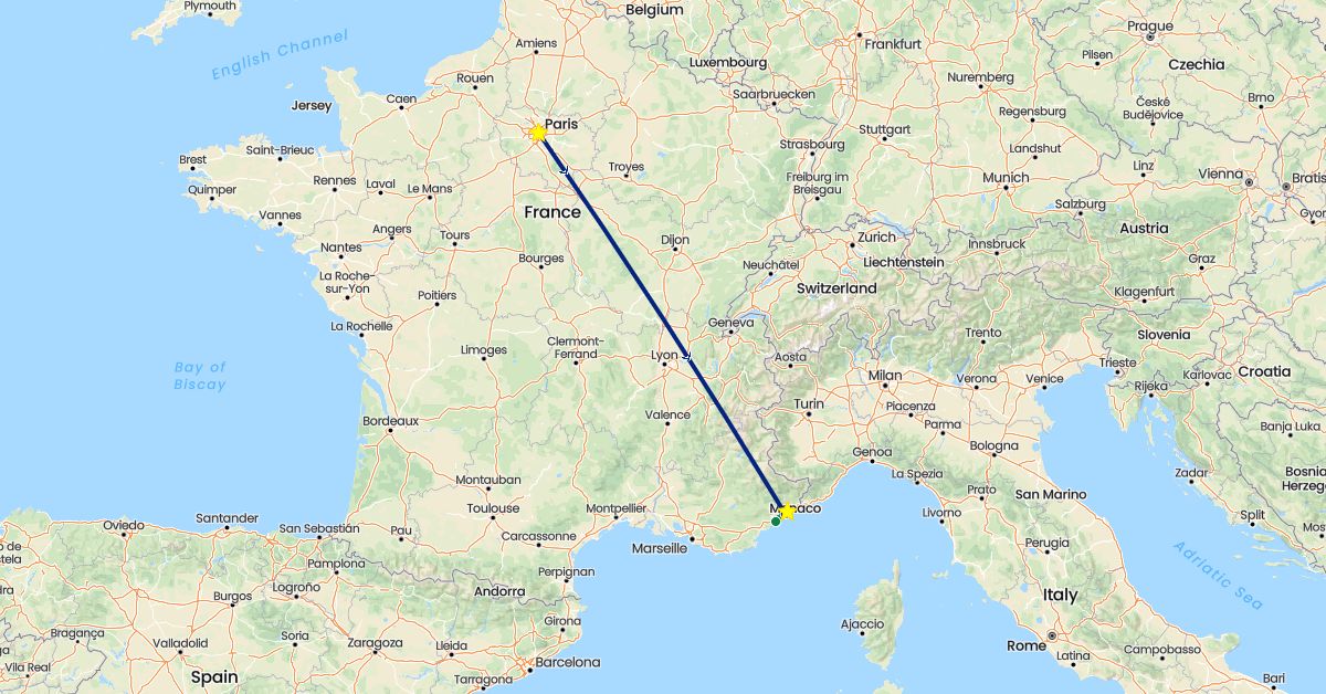 TravelMap itinerary: driving, flight, private car transfer in France (Europe)