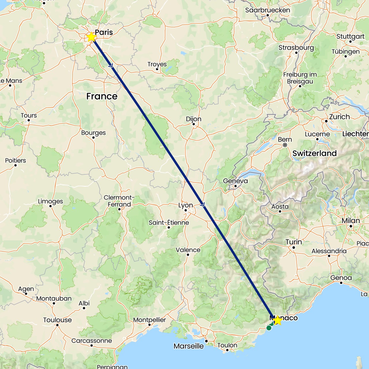 TravelMap itinerary: driving, flight, private car transfer in France (Europe)