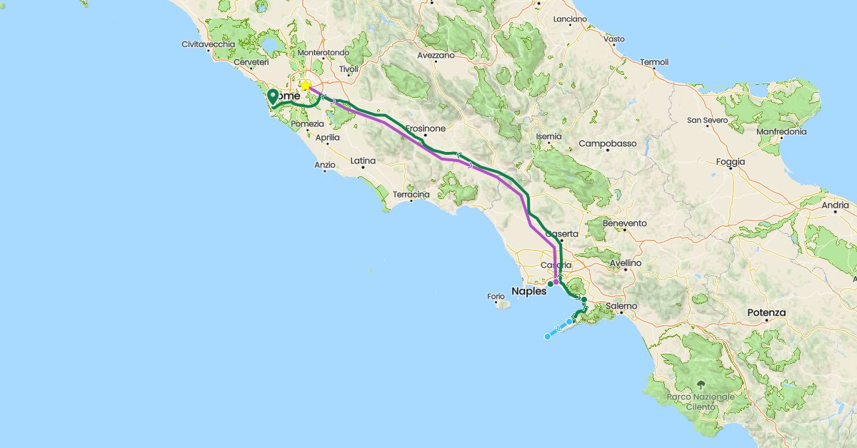 TravelMap itinerary: driving, train, boat, private car transfer in Italy (Europe)