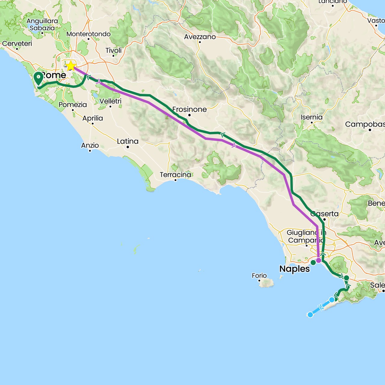 TravelMap itinerary: driving, train, boat, private car transfer in Italy (Europe)