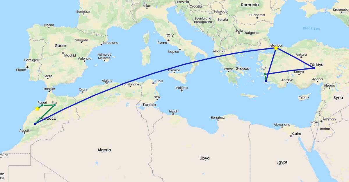 TravelMap itinerary: driving, commercial flight, private car transfer in Morocco, Turkey (Africa, Asia)