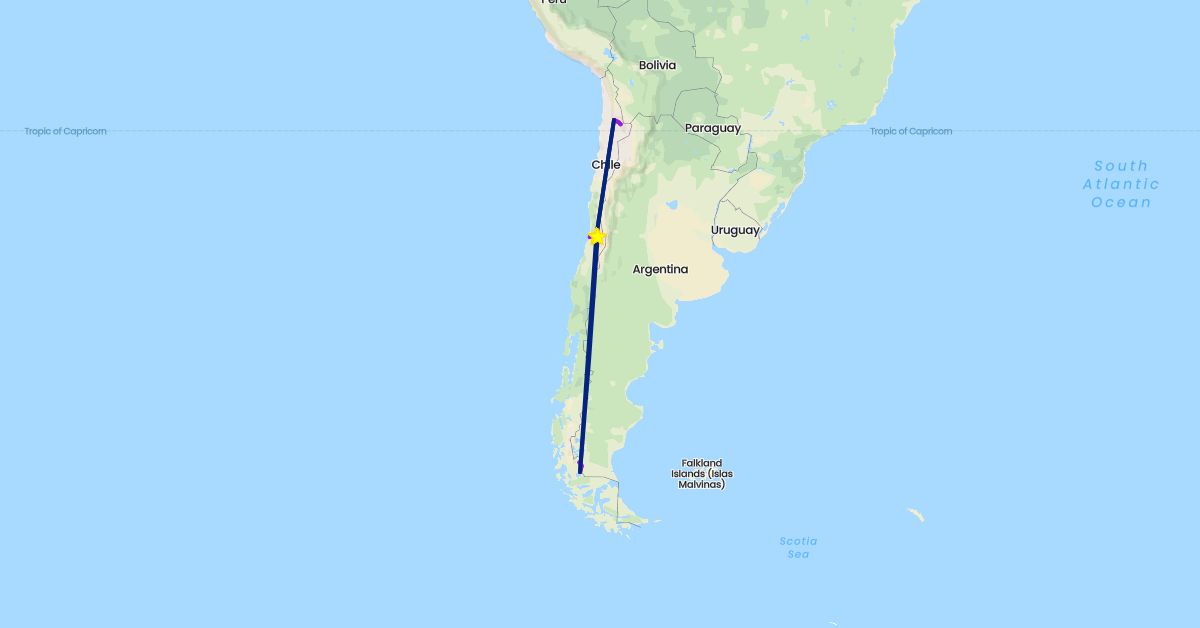 TravelMap itinerary: driving, flight, car transfer in Chile (South America)