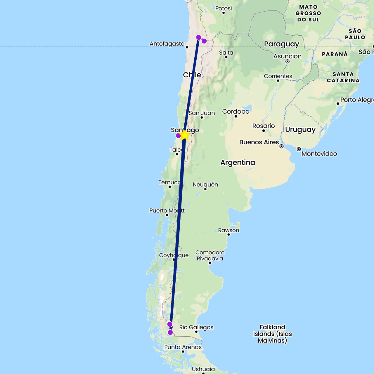 TravelMap itinerary: driving, flight, car transfer in Chile (South America)