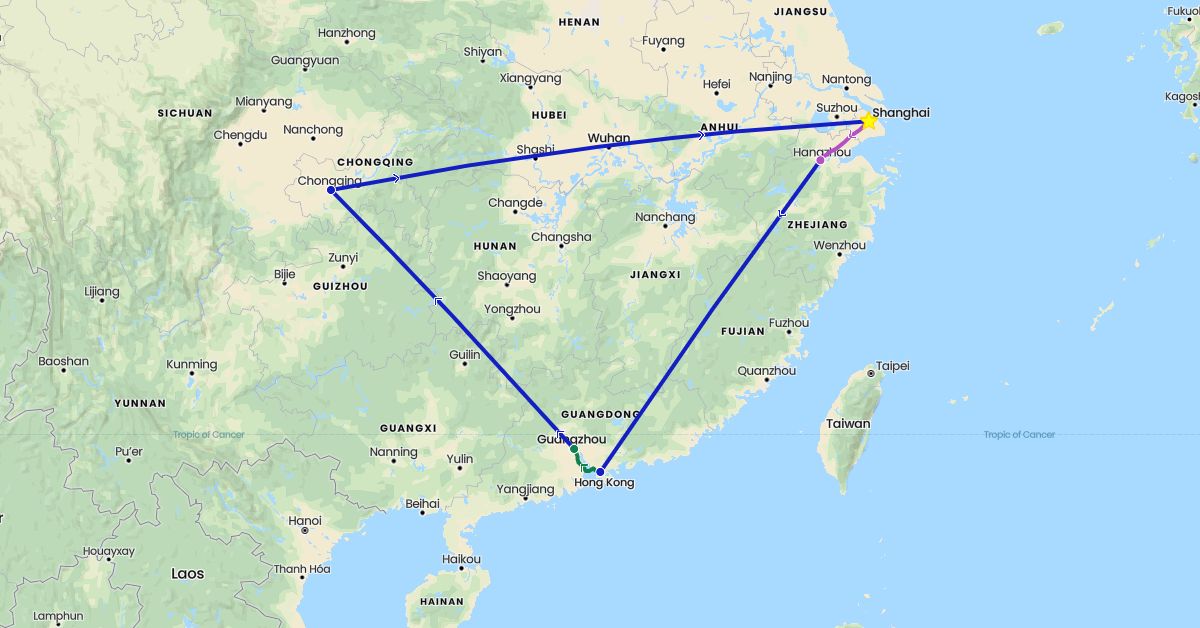 TravelMap itinerary: driving, train, commercial flight, private car transfer in China (Asia)