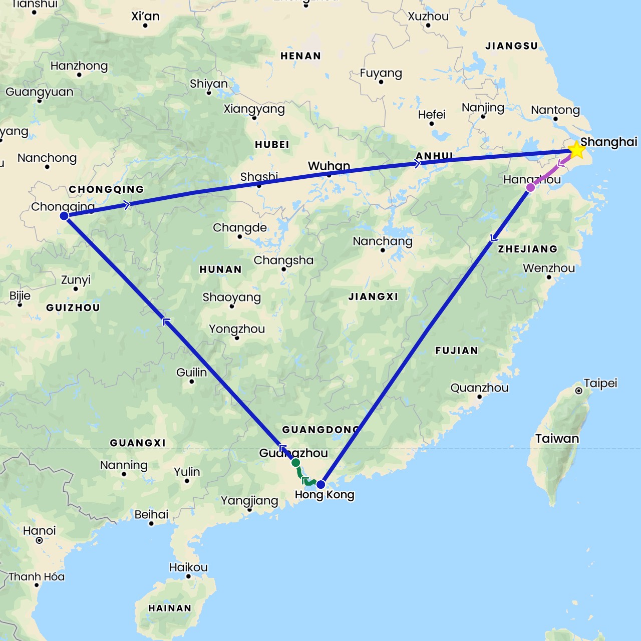 TravelMap itinerary: driving, train, commercial flight, private car transfer in China (Asia)