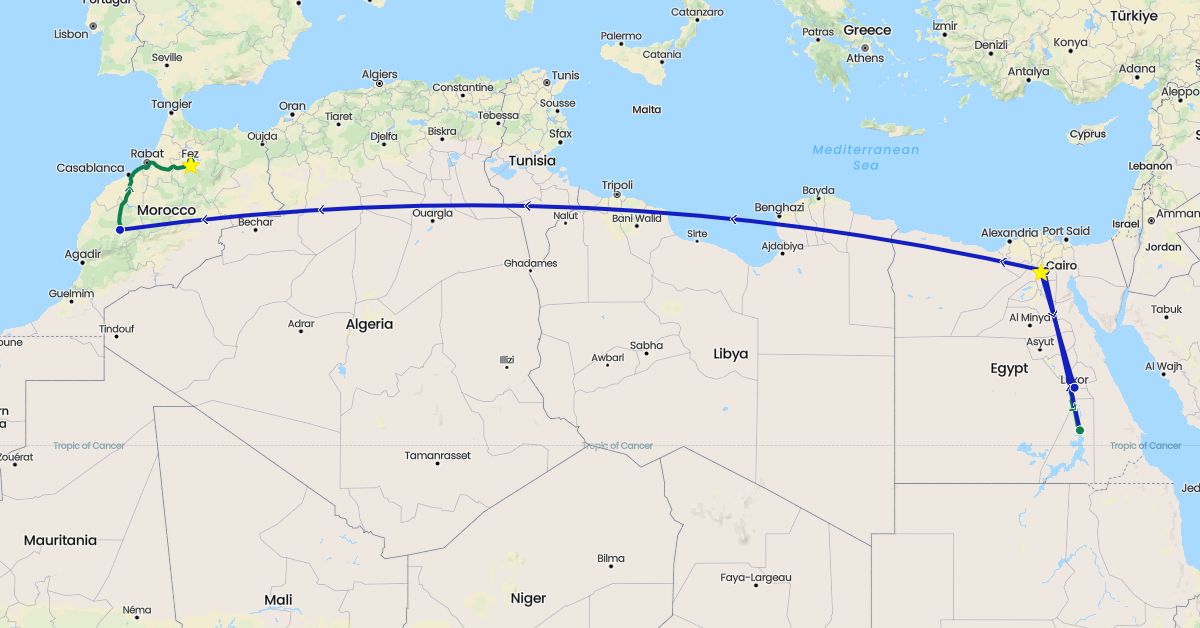 TravelMap itinerary: driving, commercial flight, private car transfer in Egypt, Morocco (Africa)