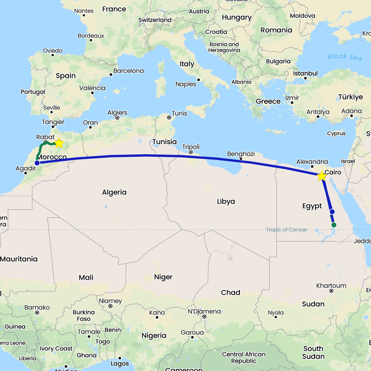 TravelMap itinerary: driving, commercial flight, private car transfer in Egypt, Morocco (Africa)