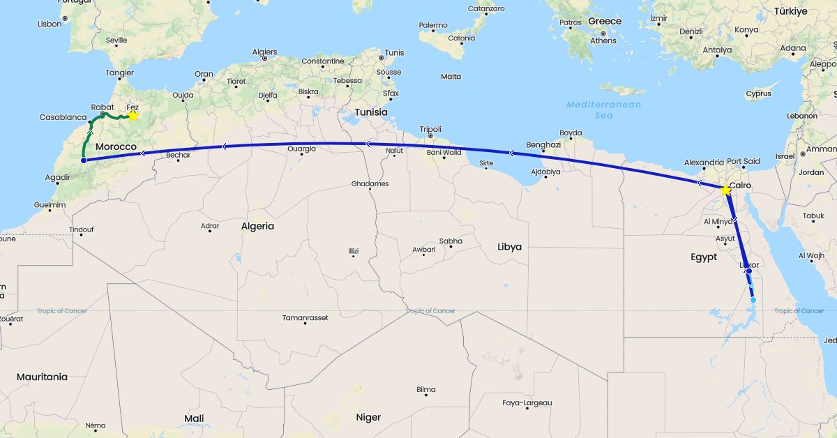TravelMap itinerary: driving, boat, commercial flight, private car transfer in Egypt, Morocco (Africa)