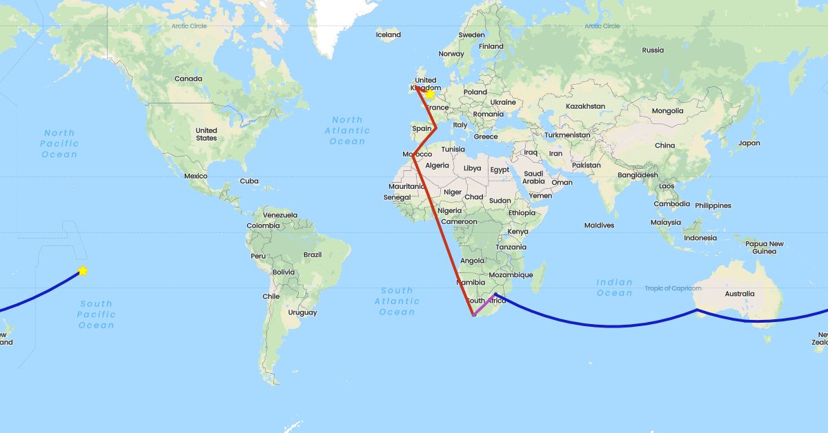 TravelMap itinerary: driving, train, private flight, commercial flight, private car transfer in Australia, Spain, France, United Kingdom, Ireland, Morocco, South Africa (Africa, Europe, Oceania)