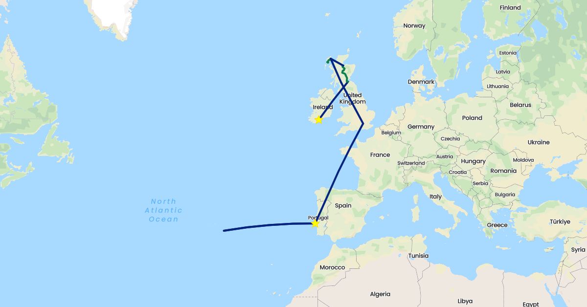 TravelMap itinerary: driving, flight, private car transfer in United Kingdom, Ireland, Portugal (Europe)