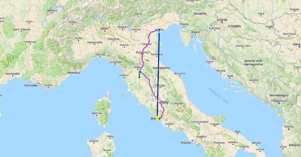 TravelMap itinerary: driving, train, boat, flight, private car transfer in Italy (Europe)